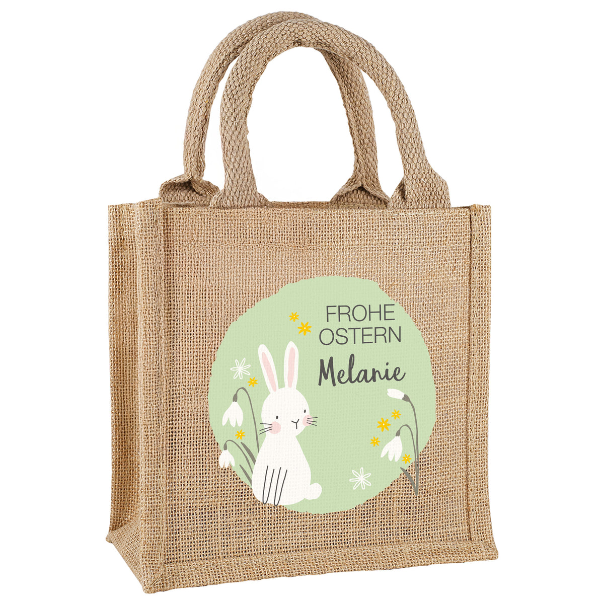 Personalisierte Jute-Ostertüte mit Namen | Osterhase und Blumen Motiv
