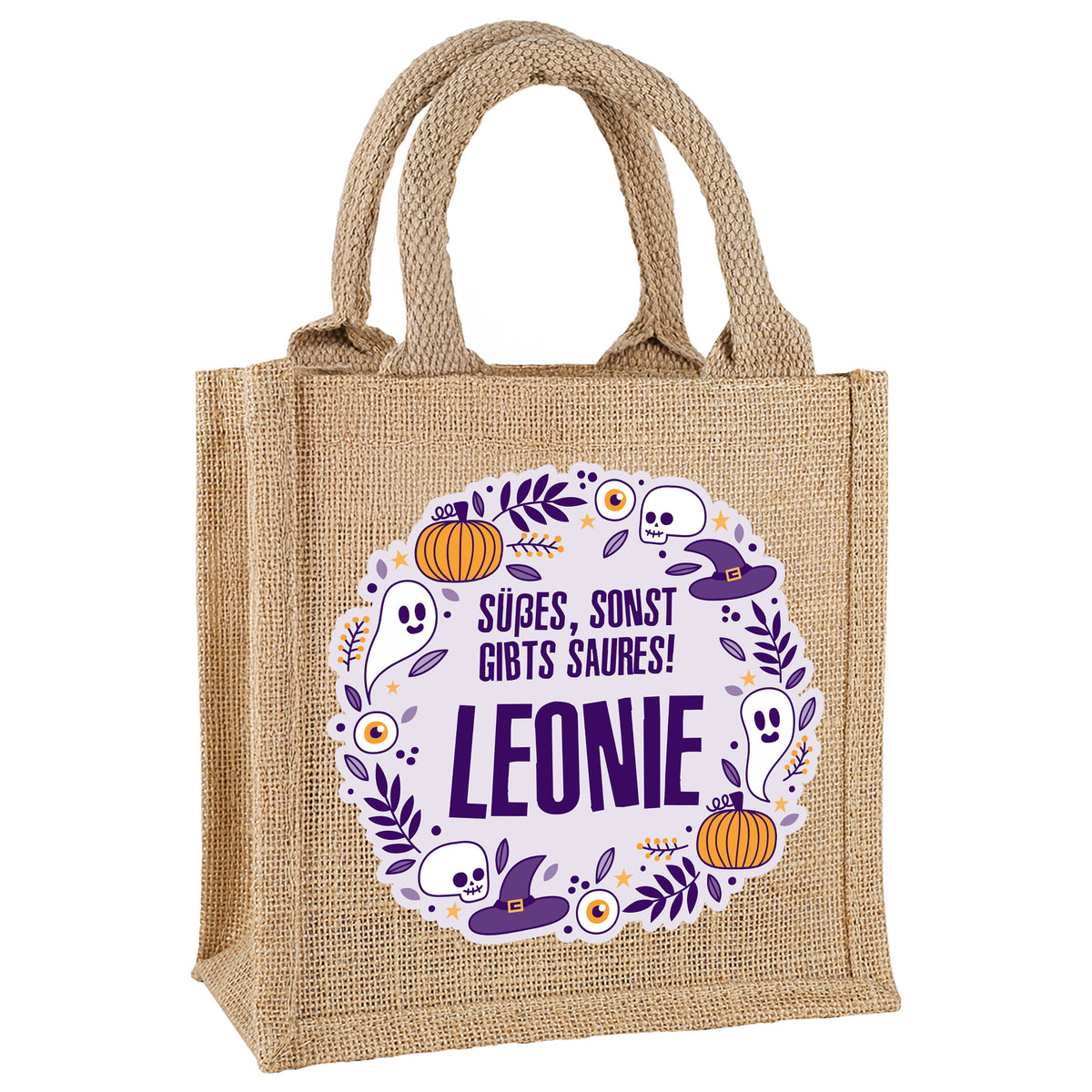 Halloween-Geschenktasche aus Jute mit Motiv und Wunschname, freigestellt auf weißem Hintergrund.