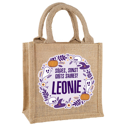 Halloween-Geschenktasche aus Jute mit Motiv und Wunschname, freigestellt auf weißem Hintergrund.
