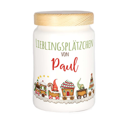 Weihnachtliche Plätzchendose mit kindlichem Wichtel Weihnachtszug Motiv und Name