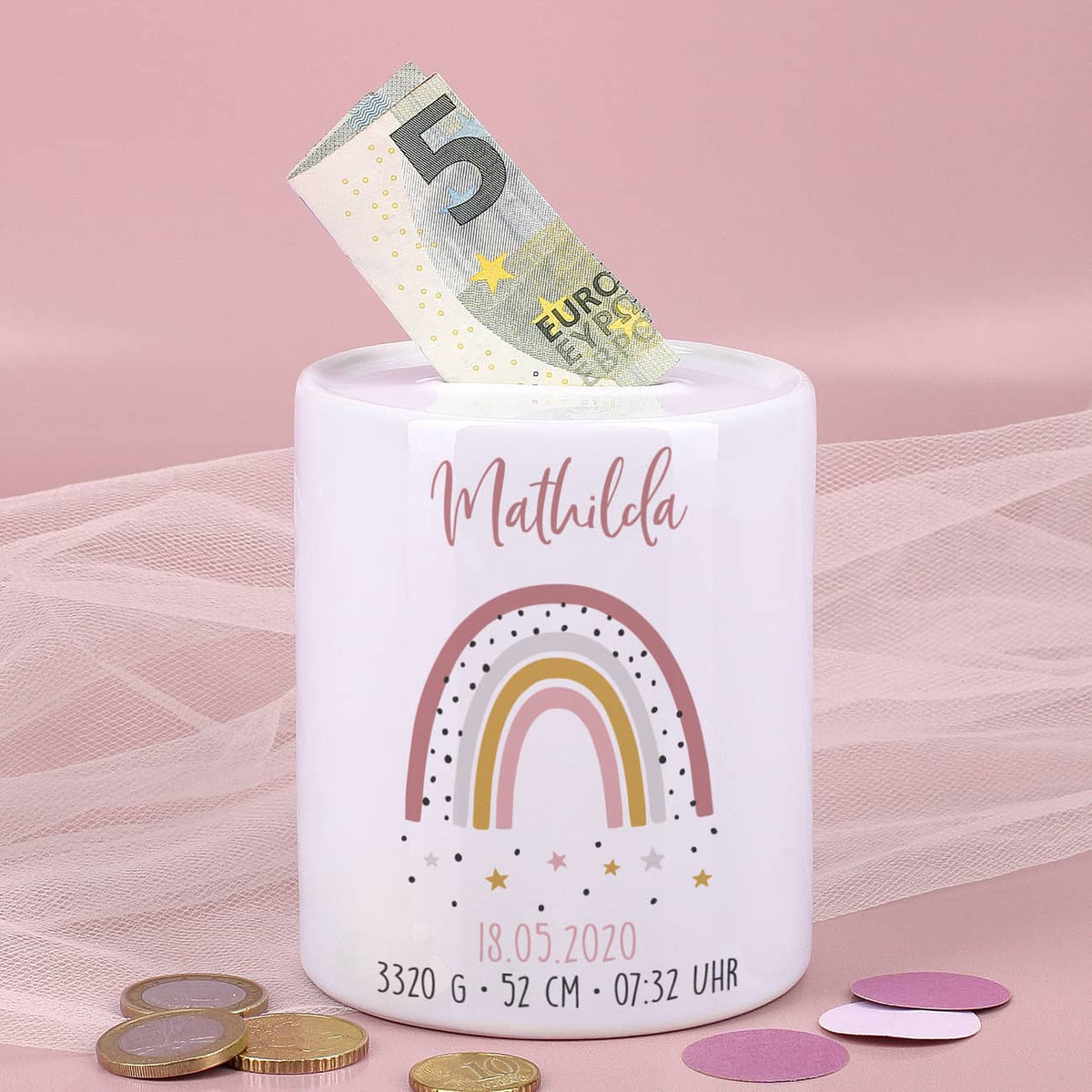 Spardose mit Regenbogen zur Geburt für Mädchen
