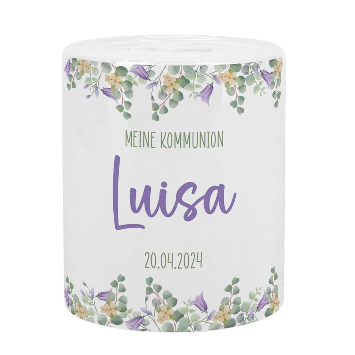 Spardose mit lila Blumenmotiv