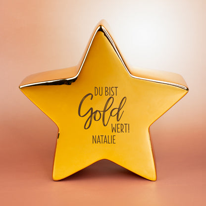 Goldfarbener Keramikstern von Leonardo mit Motiv „Du bist Gold wert!“ und personalisiertem Namen – Frontansicht