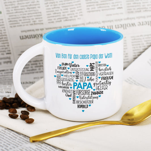 Geschenk für Papas - großer Kaffeepott mit Herz und Wunschtext zum Geburtstag oder Vatertag
