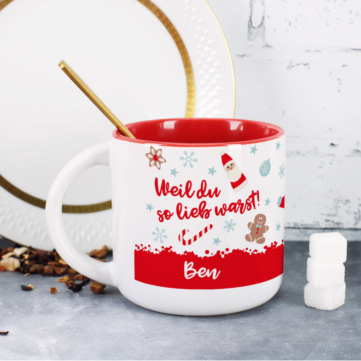 großer roter Kaffeepott "Weil du so lieb warst" und Namen