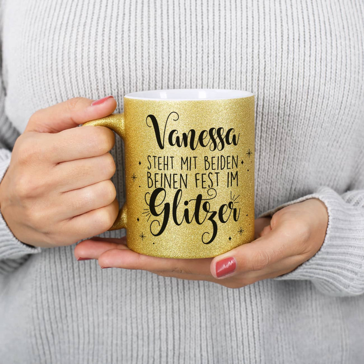 Goldene Glitzertasse mit Namen und Spruch