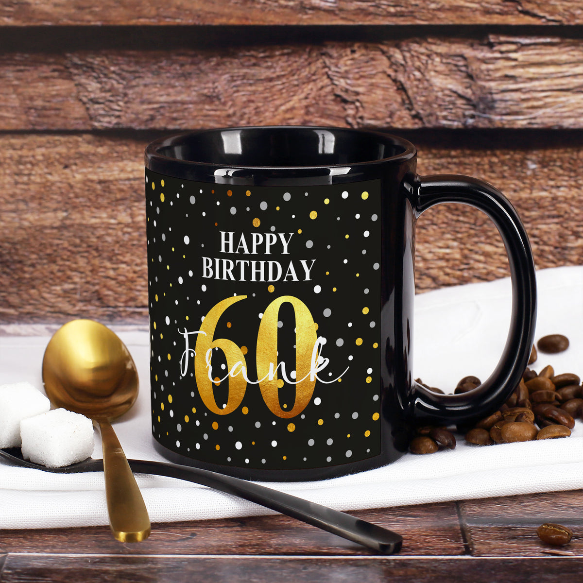 Geburtstagstasse "Happy Birthday" mit Name & Alter in Schwarz und Konfettidesign