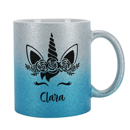 Einhorn - Glitzertasse in Silber/Blau mit Name persönlich bedruckt