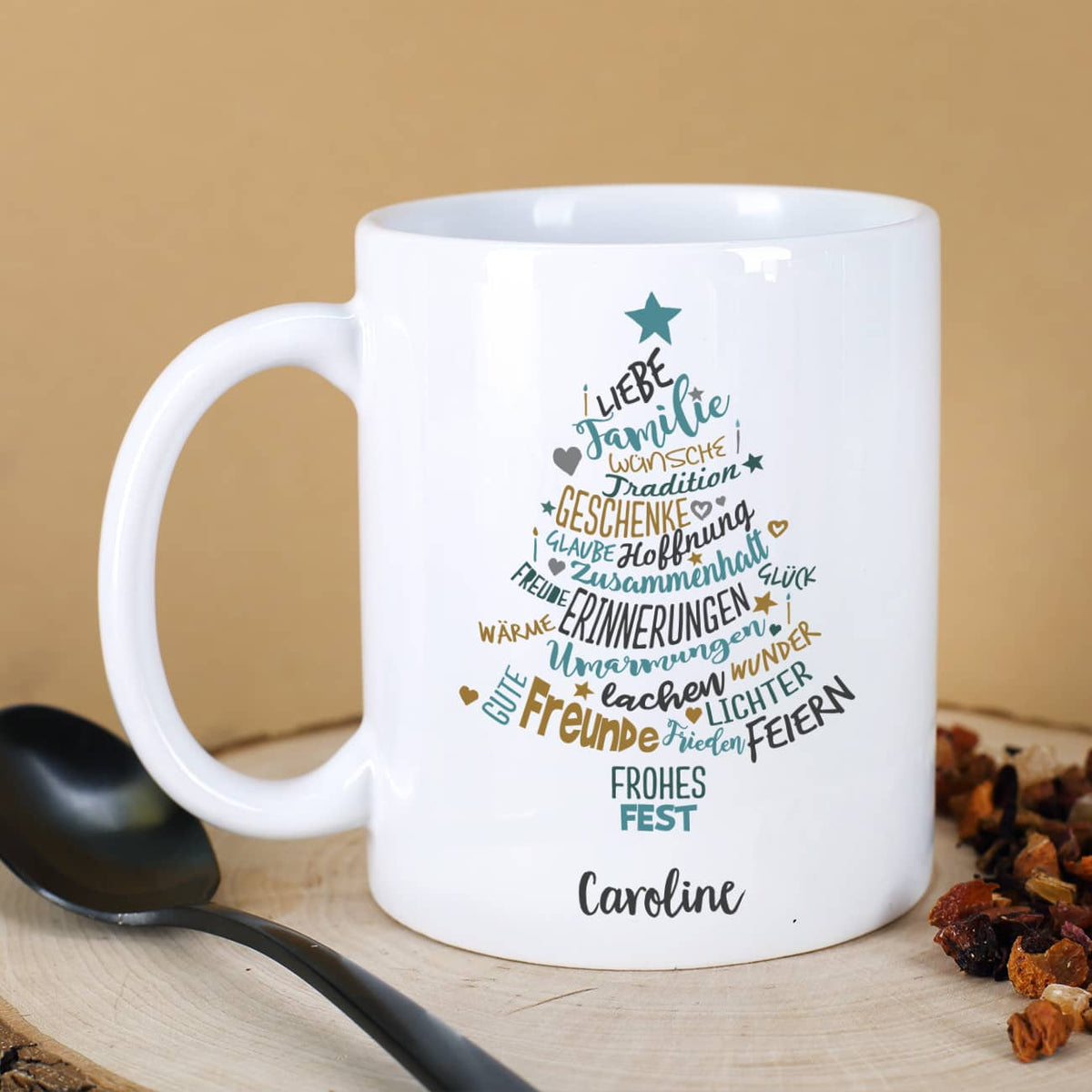 Keramiktasse mit Wünschen zum Weihnachtsfest und Wunschtext