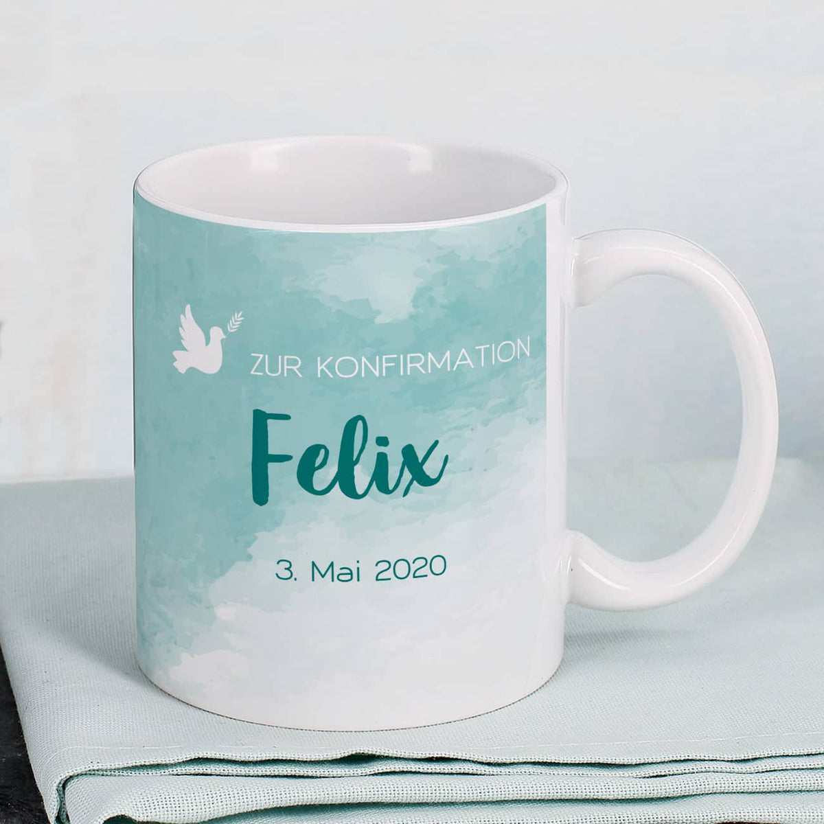 Zur Konfirmation - Tasse mit Name und Datum in türkisblau