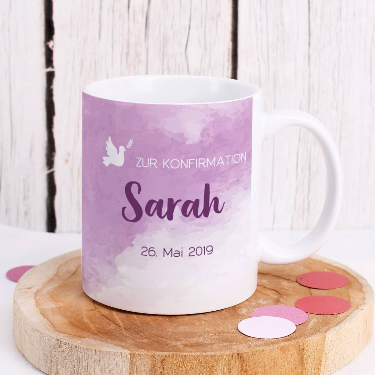 Tasse zur Konfirmation - mit Name und Datum in violett