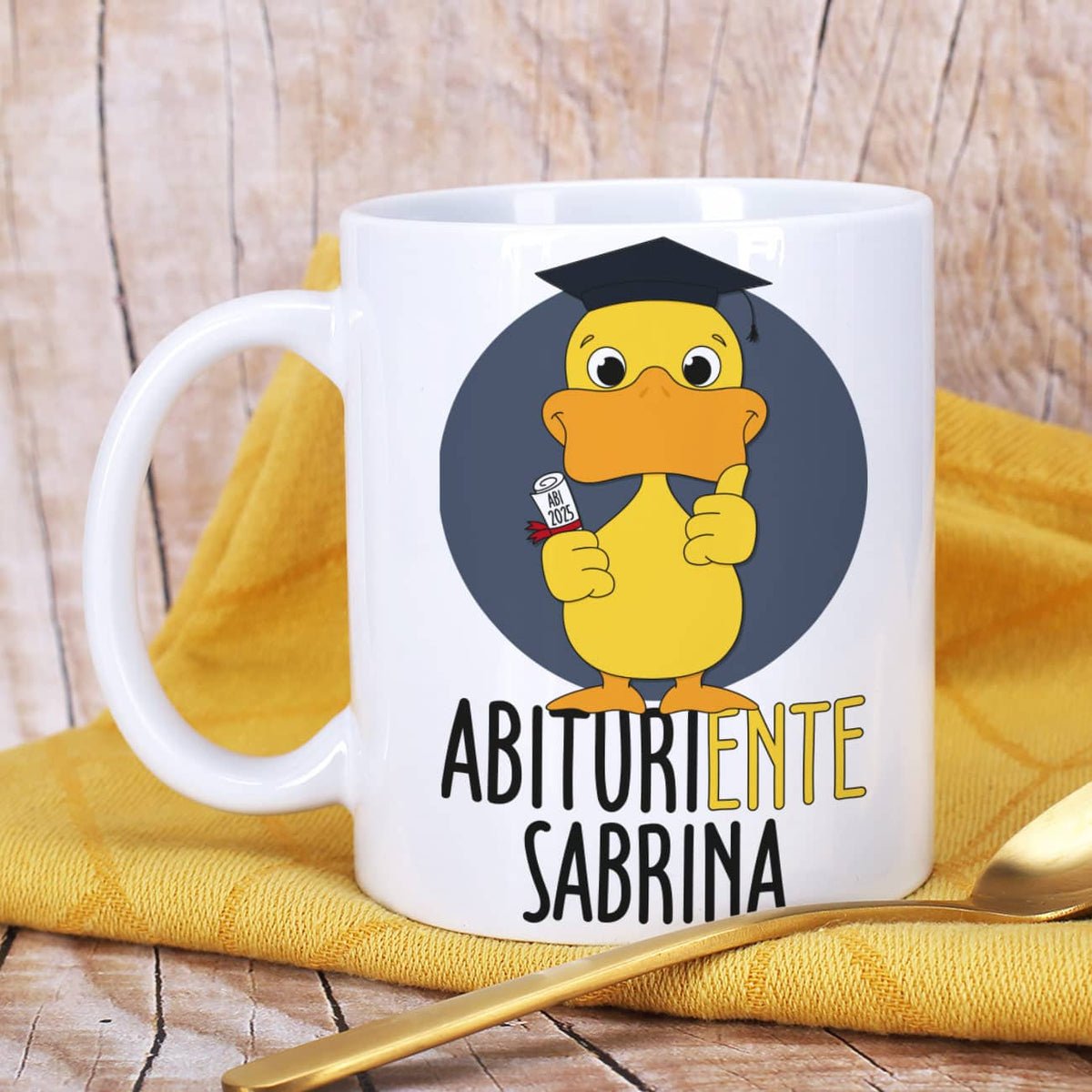 Tasse zum Abitur mit Enten Motiv und Name nach Wunsch
