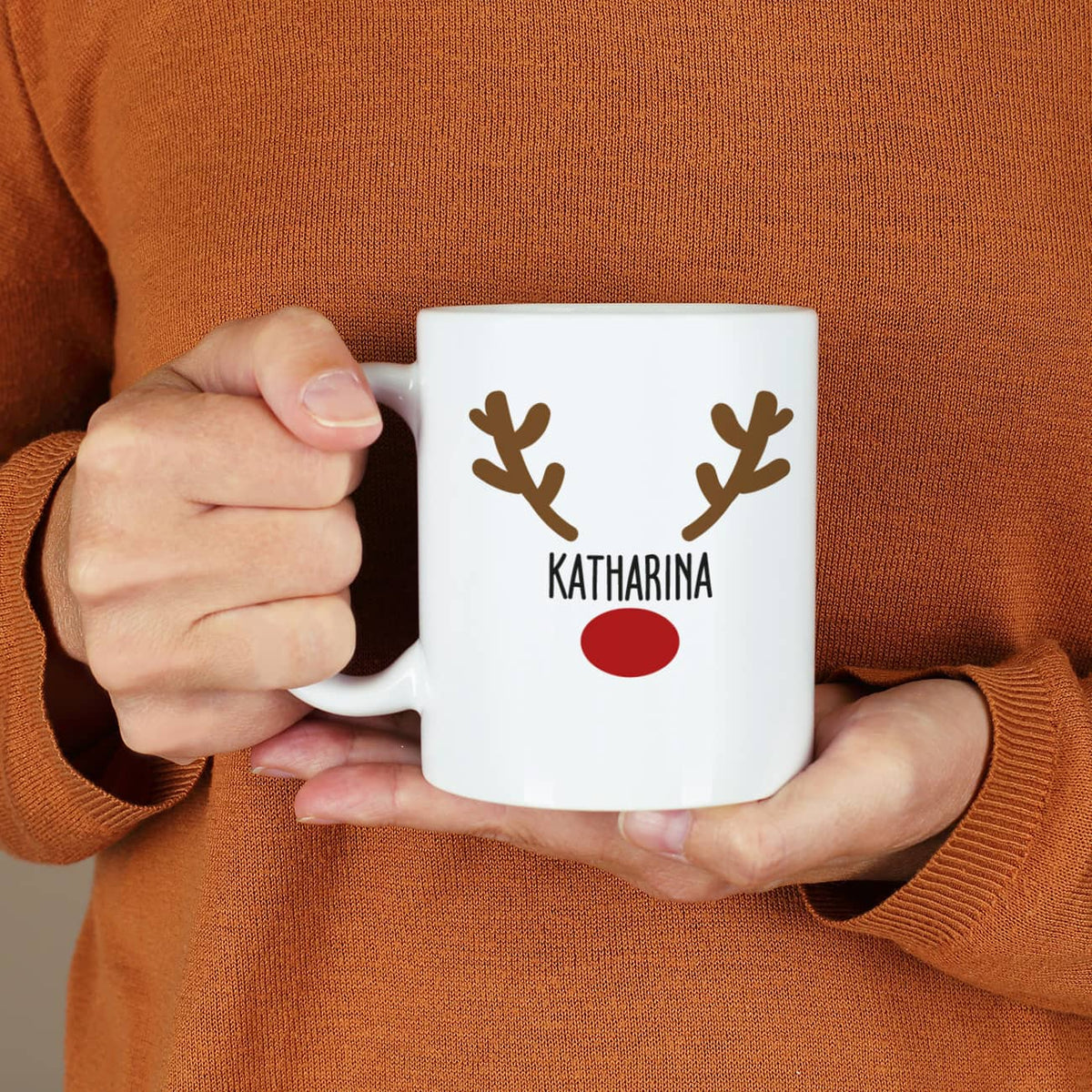 Tasse zu Weihnachten mit Rentier Motiv und Name bedruckt