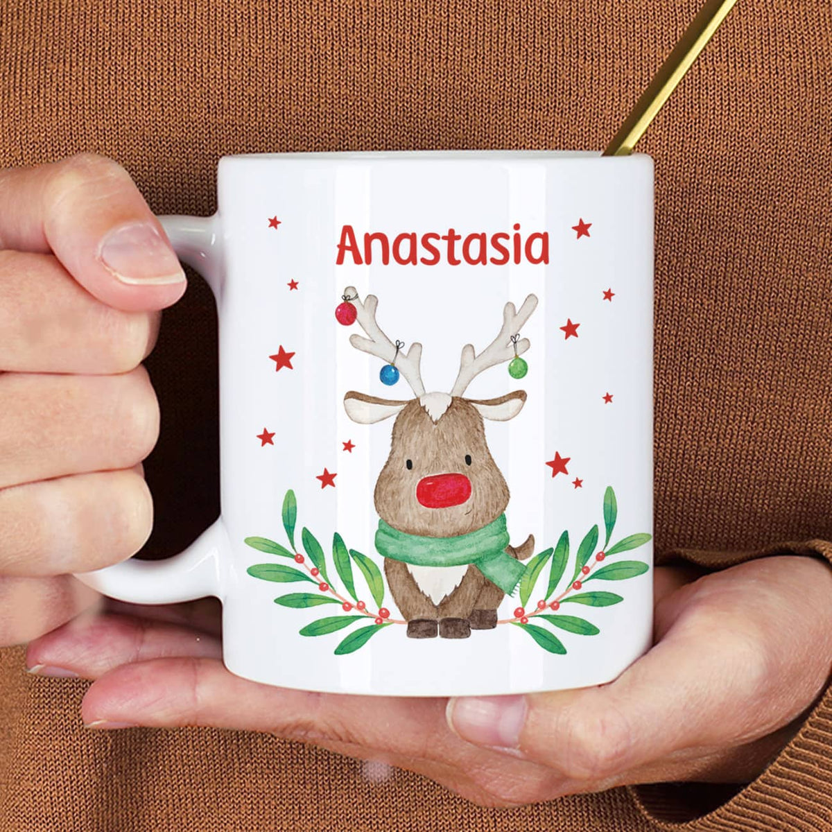 Weihnachtstasse mit Rentier Motiv und Name personalisiert