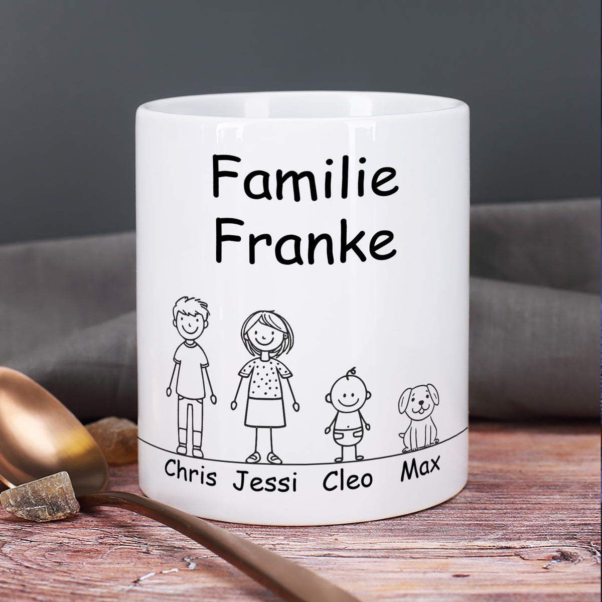 Personalisierte Familientasse mit Schriftzug „Familie Franke“ und vier Figuren inklusive Hund, Namen unter den Figuren