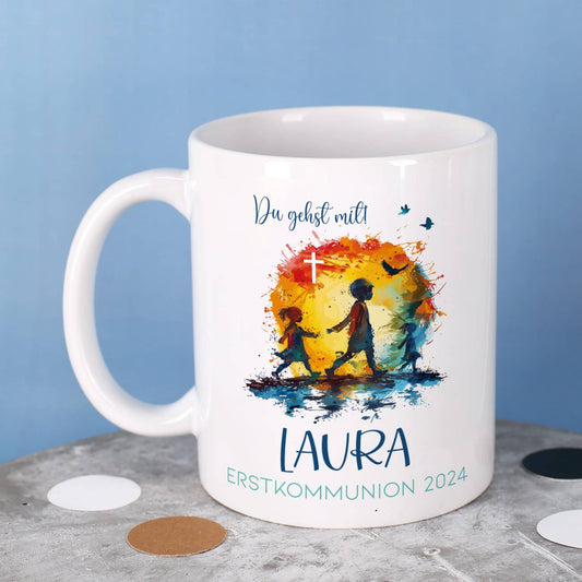 Tasse zur Kommunion 2024 - Du gehst mit - mit Name und Wunschtext