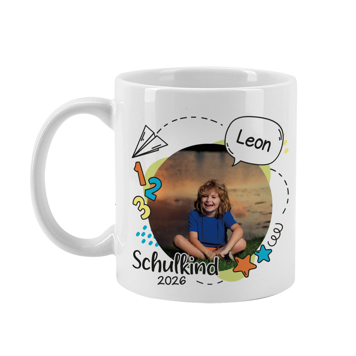 Fototasse zur Einschulung mit Foto und Name in Farbvariante Bunt - freigestellt auf weißem Hintergrund