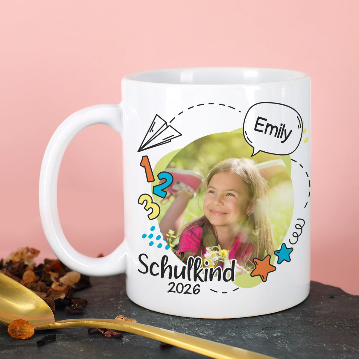 Fototasse zur Einschulung mit Foto und Name in Farbvariante Bunt