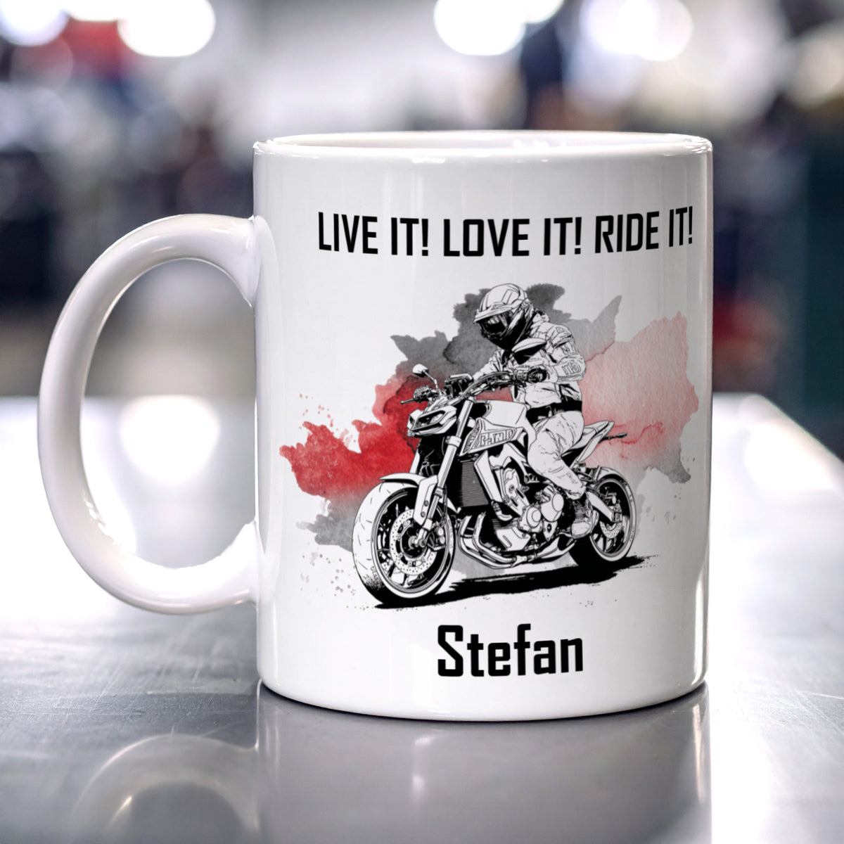 Naked-Bike-Tasse mit Motorradfahrer und Spruch Live it, Love it, Ride it, Name Stefan