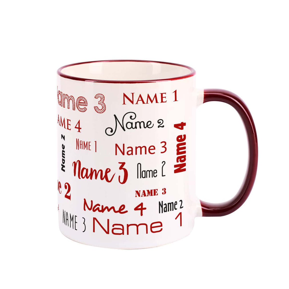 Vier Namen - Tasse mit dunkelrotem Rand und Henkel