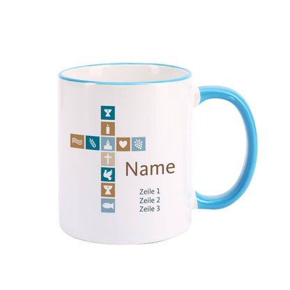 Tasse für Jungen zur Kommunion, Konfirmation oder Taufe mit Kreuz, Name und Wunschtext