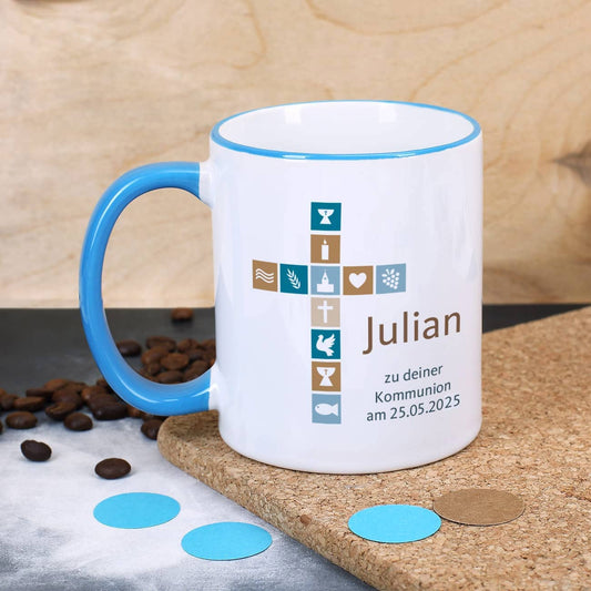 Tasse für Jungen zur Kommunion, Konfirmation oder Taufe mit Kreuz, Name und Wunschtext