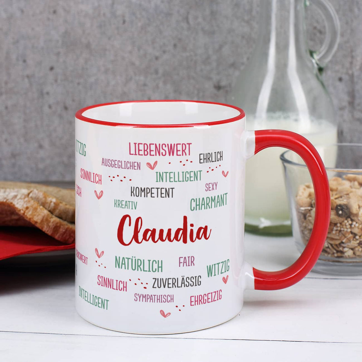  Tasse mit positiven Eigenschaften und Name bedruckt