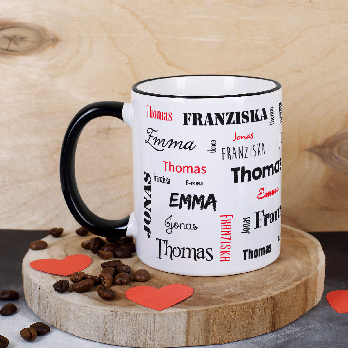 Tasse mit vier Namen, schwarz