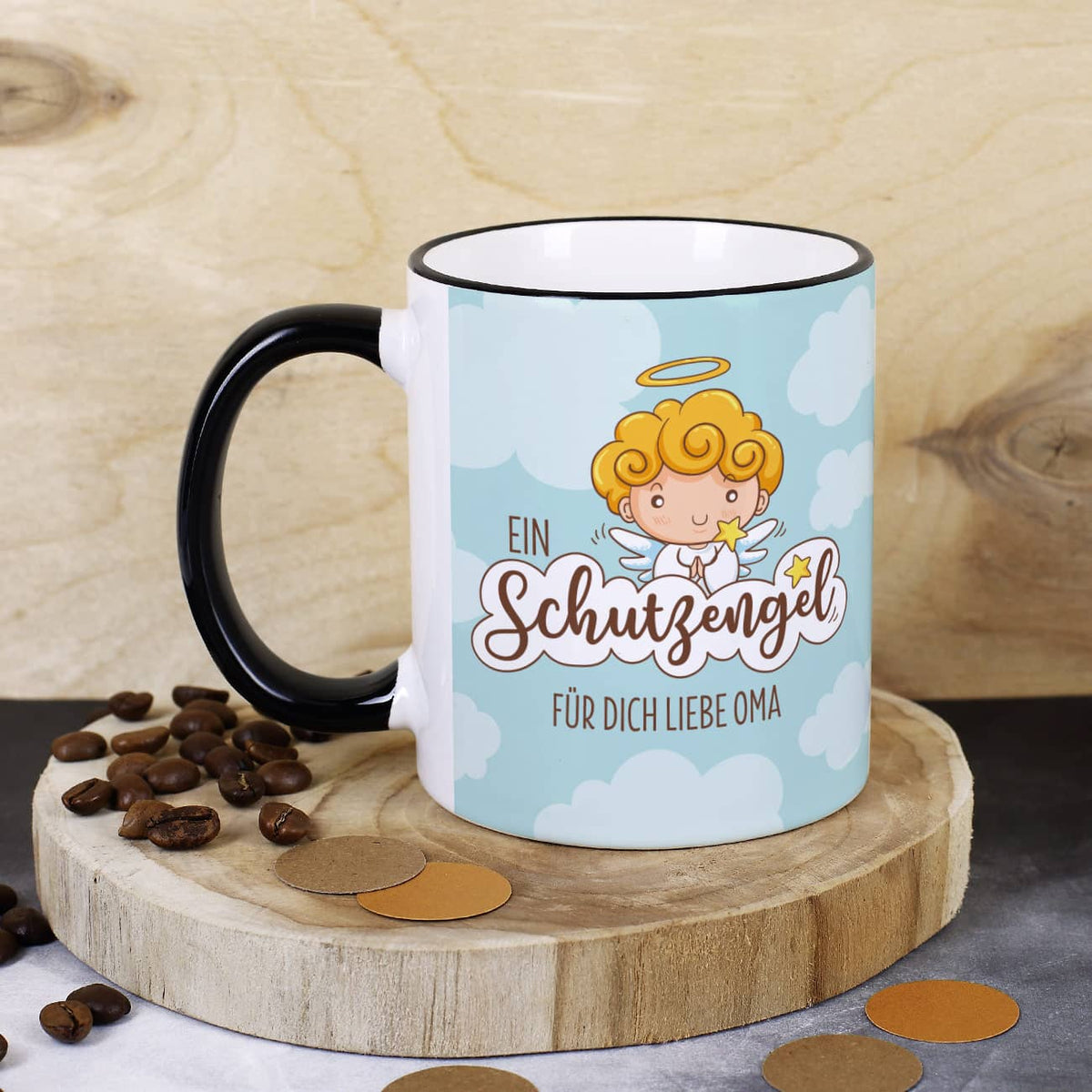 persönlich bedruckte Keramiktasse mit Schutzengel und Wunschtext