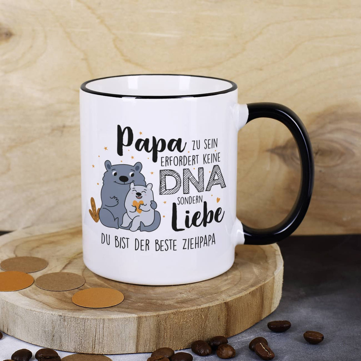 Tasse mit schwarzen Rand und Henkel zum Vatertag mit süßem Motiv und liebevollem Spruch