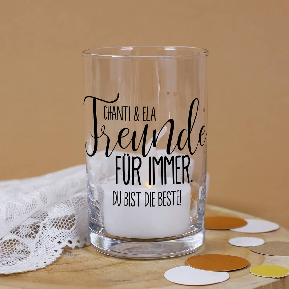 Freunde für immer Windlicht mit Text und Name personalisiert