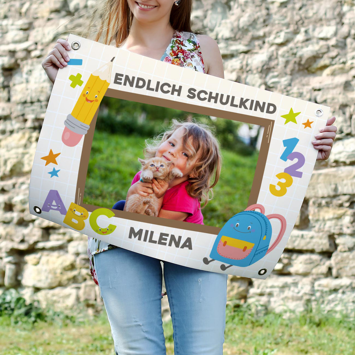 Endlich Schulkind - kleines Banner zur Einschulung mit Foto