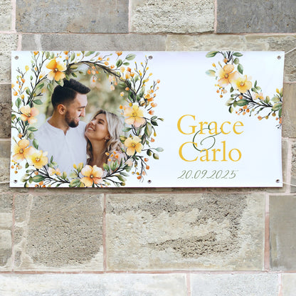 Foto-Banner zur Hochzeit mit Namen, Datum und Blumen-Motiv 160x80cm