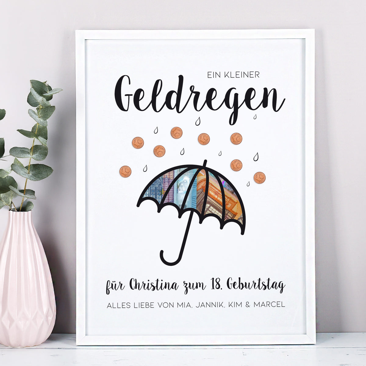 Poster im Detail – Aufschrift „Geldregen“ mit personalisierten Textzeilen darunter