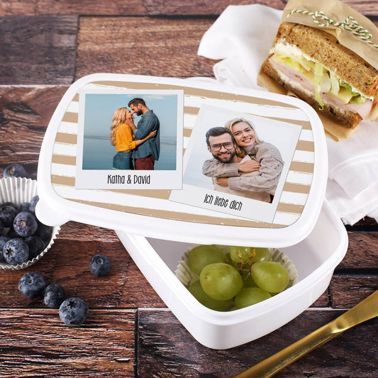 Brotdose in Weiß mit Fotodruck auf dem Deckel