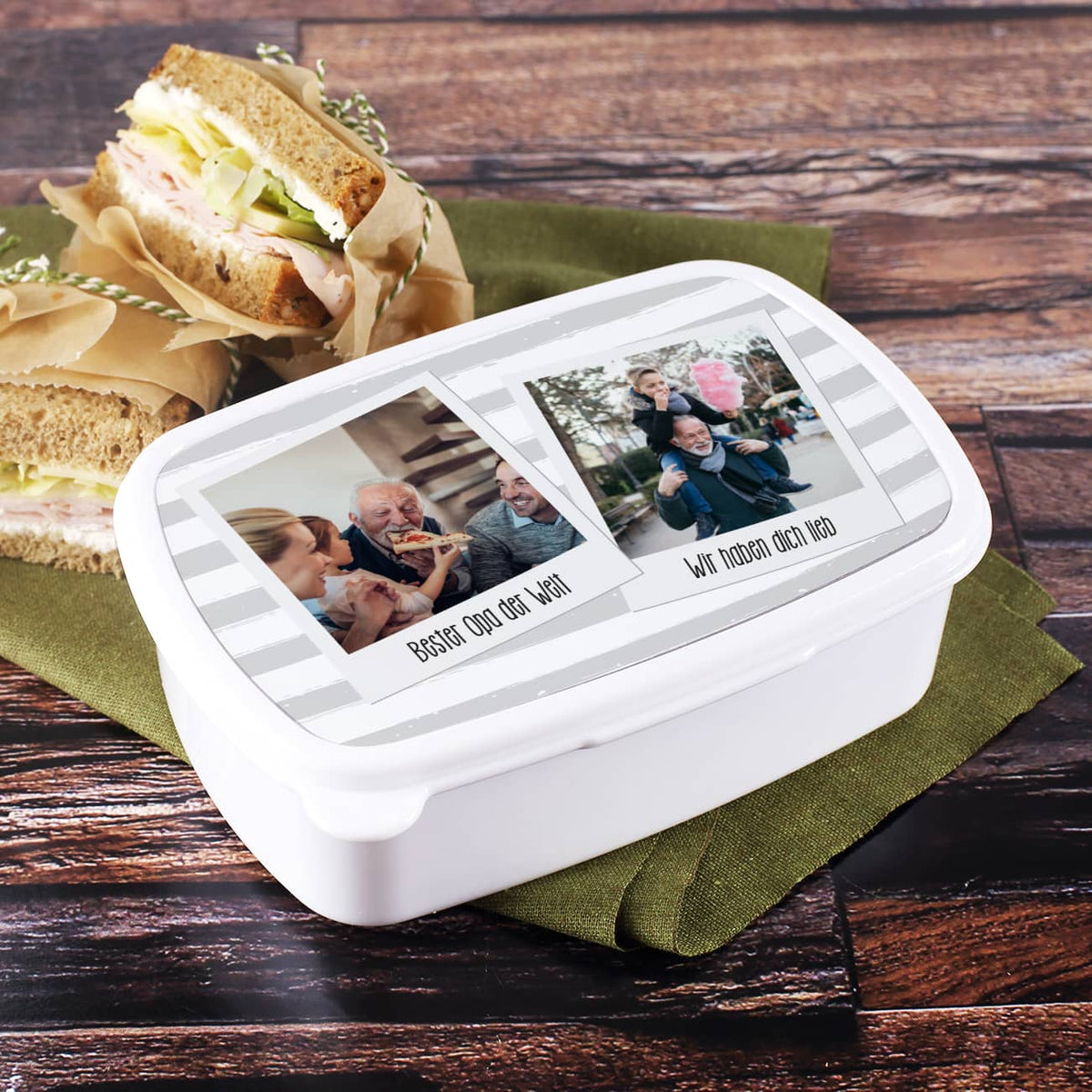 Polaroid-Fotomotiv mit Text Ihrer Wahl auf Brotdose gedruckt