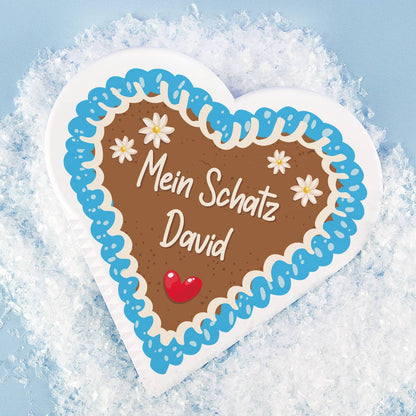 Eiskratzer in Herzform mit Lebkuchen-Motiv und zwei Zeilen Text nach Wunsch