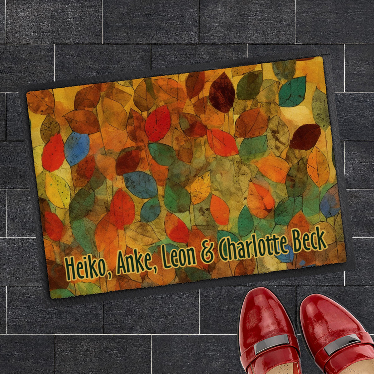 Herbst Fußmatte mit Herbstlaub und Wunschtext 