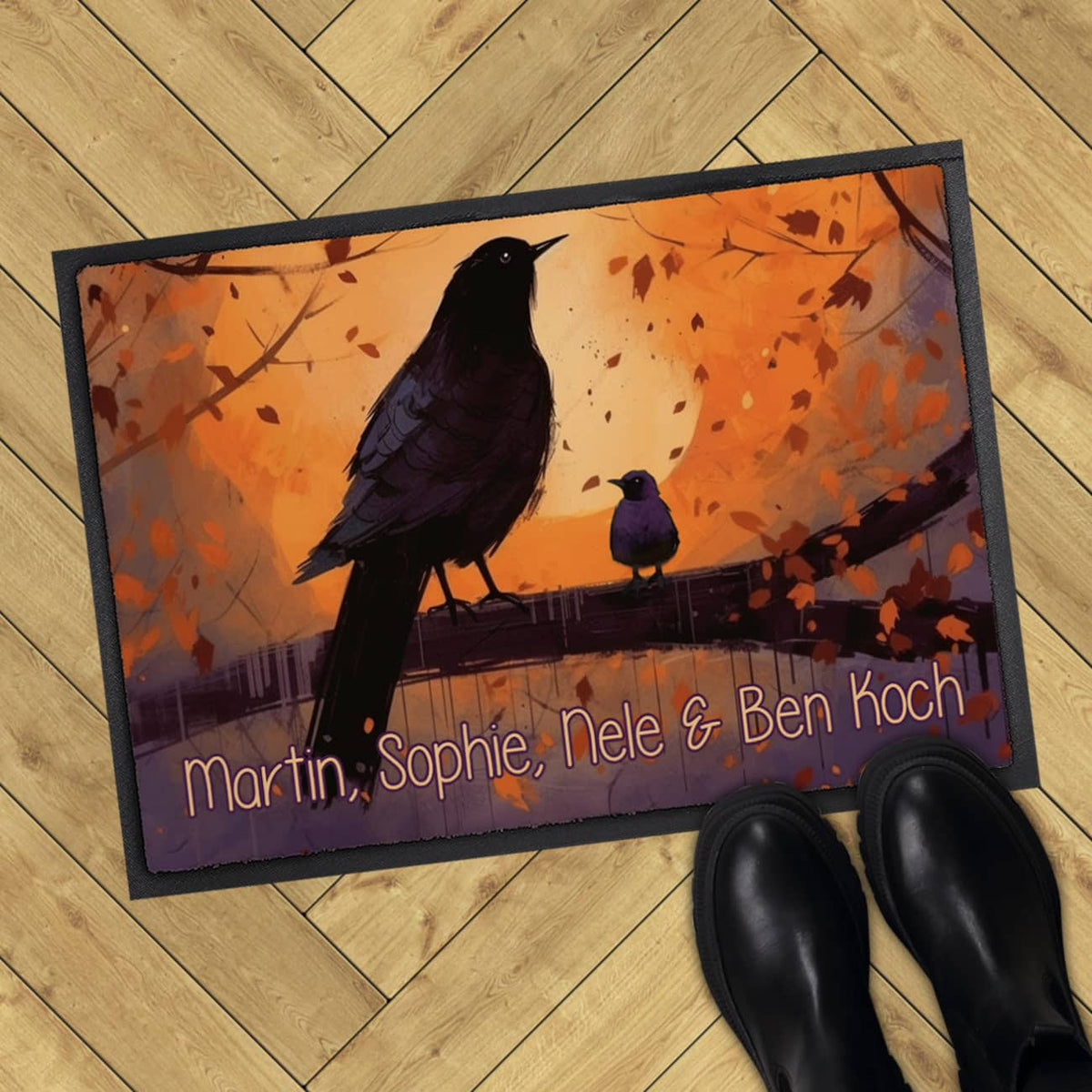Herbst Fußmatte mit Raaben und Wunschtext 