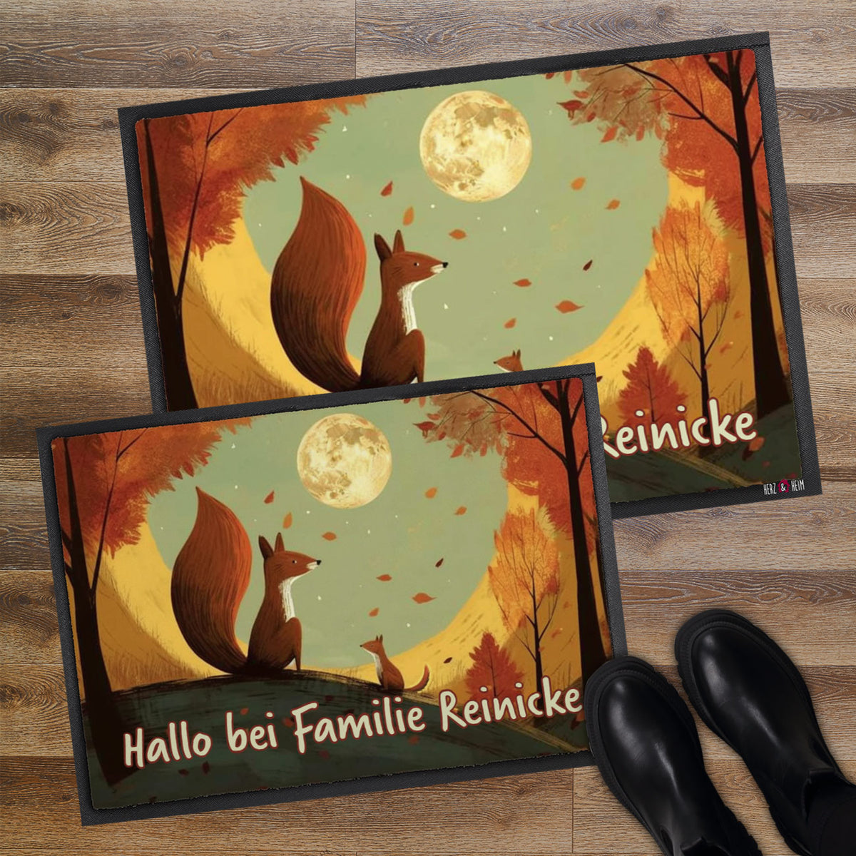 Herbst Fußmatte mit Eichhörnchen und Wunschtext 