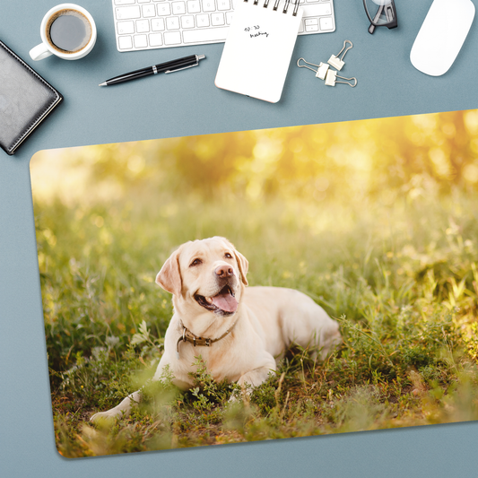 Mousepad in Anwendung mit Kugelschreiber und Notizbuch – als große Schreibtischunterlage genutzt