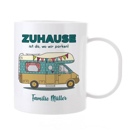 Campingtasse aus Kunststoff mit Wunschtext und Wohnmobil