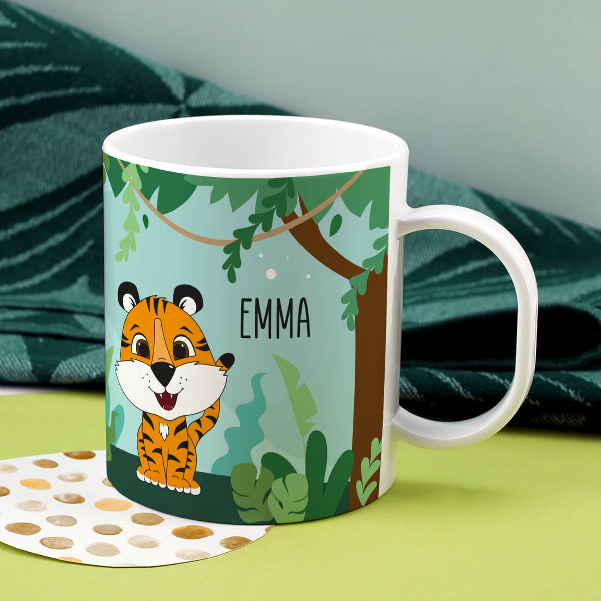 Tasse für Kinder aus Kunststoff mit Name und Tiger
