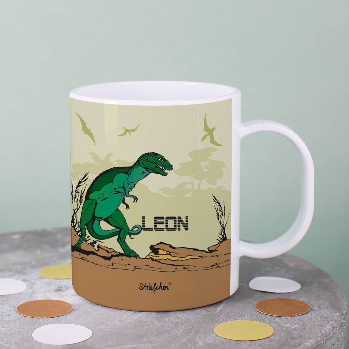 Coole Kindertasse mit Dinosaurier und Name