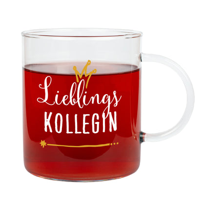 Freisteller eines Leonardo-Teeglases mit Aufschrift „Lieblings Kollegin“ und goldener Krone