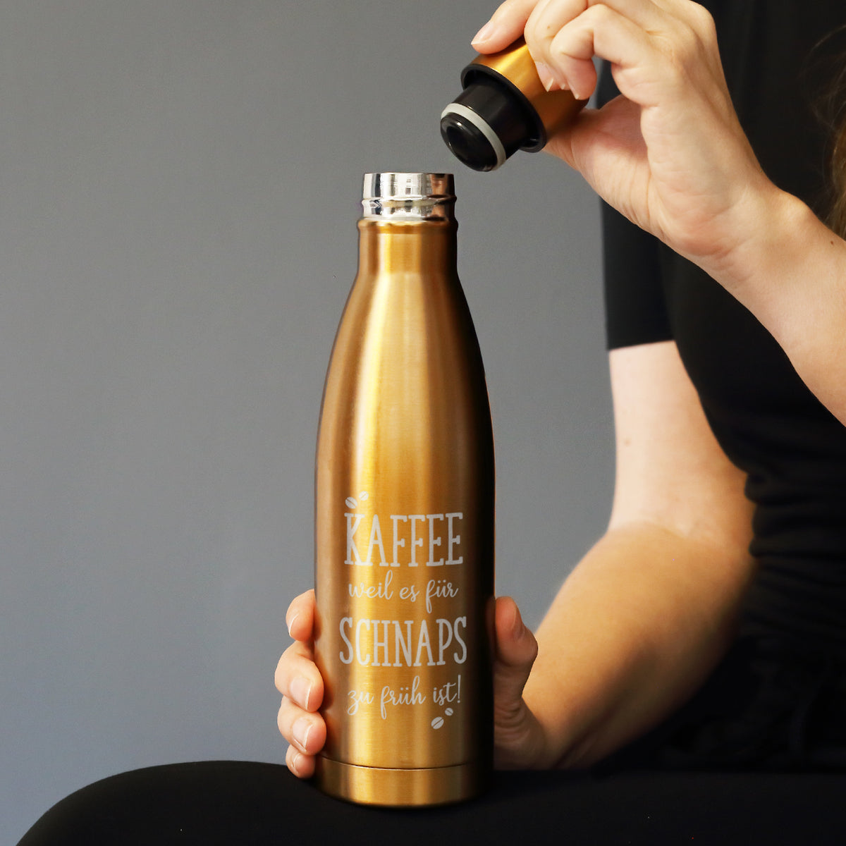 Thermosflasche mit Kaffeemotiv und Wunschtext
