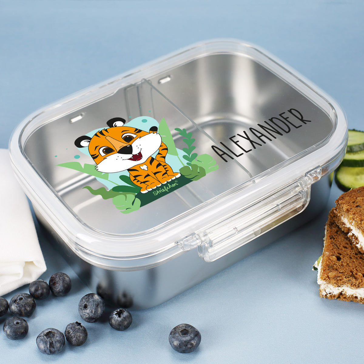 Brotdose aus Edelstahl mit Tiger-Motiv und Wunschname