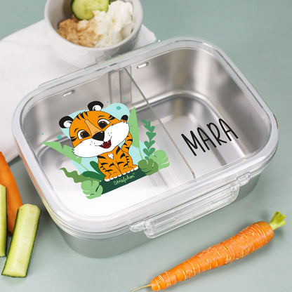 Brotdose aus Edelstahl mit Tiger-Motiv und Wunschname
