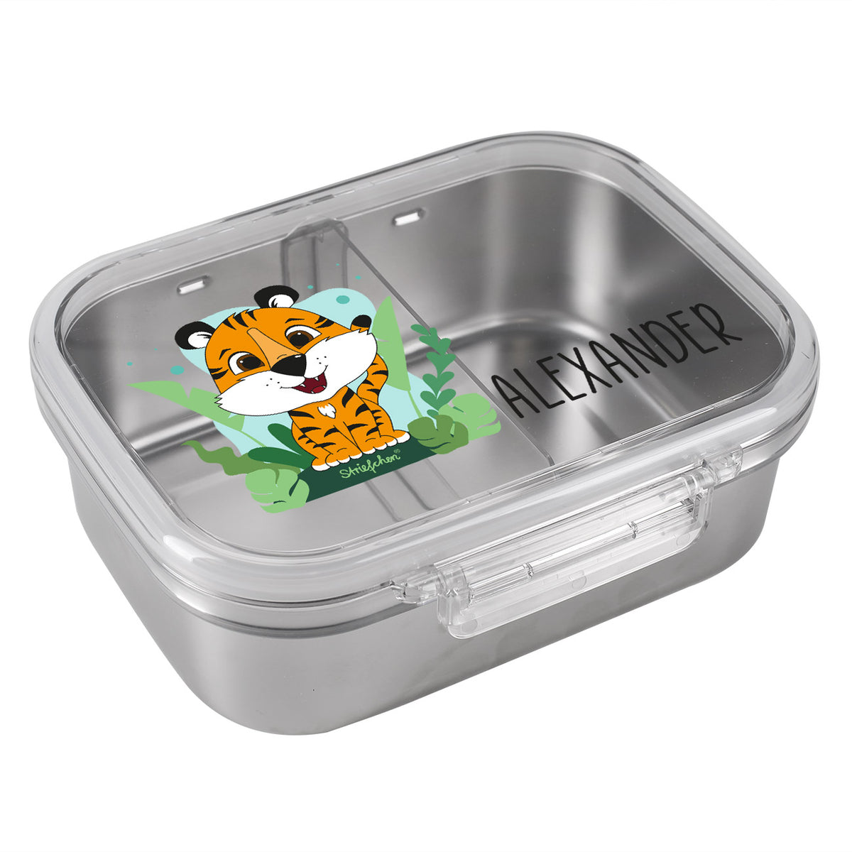 Brotdose aus Edelstahl mit Tiger-Motiv und Wunschname