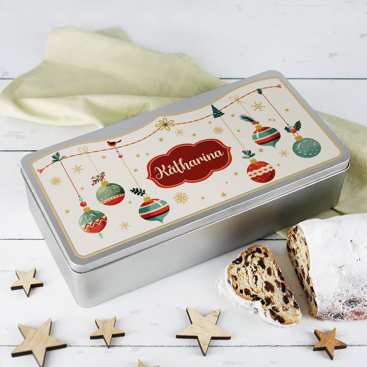 Weihnachtliche Geschenkdose mit Name bedruckt